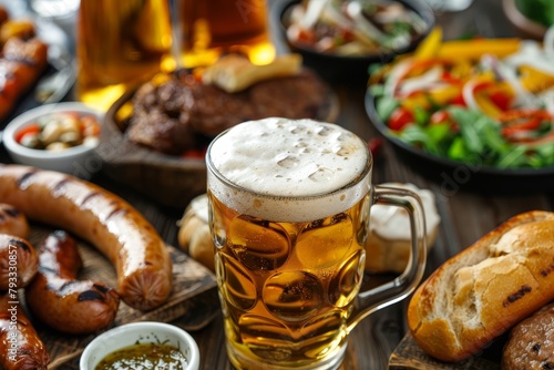 Germany traditional food. Beer and sausages with football fan atributes. Euro 2024