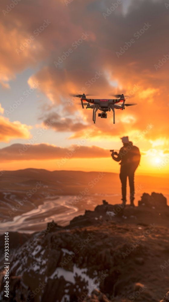 A man standing on a mountaintop at sunset, flying a drone.