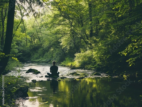A man sits on a rock in the middle of a river and meditates surrounded by a beautiful green forest.