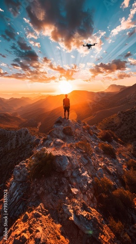 A man standing on a mountaintop watching a drone fly in the sky.