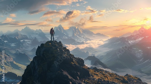 A man stands on a mountaintop overlooking a beautiful landscape. photo