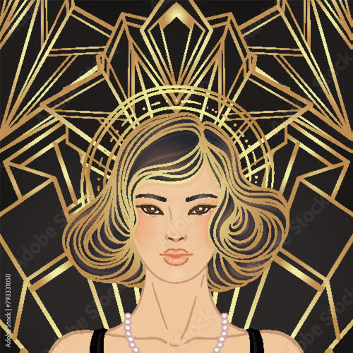 Retro fashion, glamour girl of twenties. Asian pretty woman. Vector illustration. Flapper 20s style. Vintage party invitation design template. Fancy asian lady.