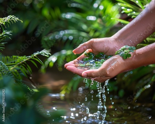 A photo of a person holding water and plants in their hands.