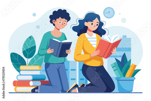 Two students engrossed in reading books while sitting on the floor, two students search for and read information, Simple and minimalist flat Vector Illustration