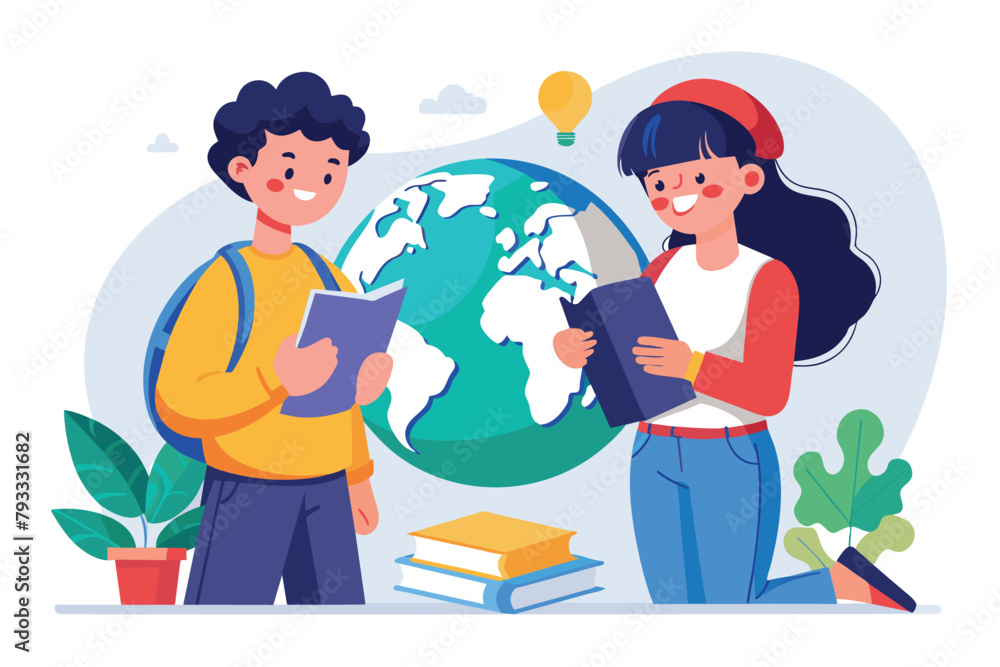 Two students are standing side by side, looking at a globe map, Two students studying globe map, Simple and minimalist flat Vector Illustration Two students are standing side by side, looking at a globe map, Two students studying globe map, Simple and minimalist flat Vector Illustration
