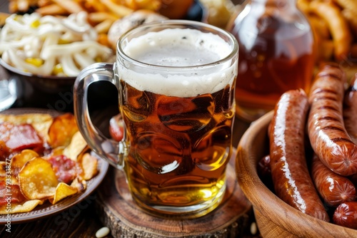 Germany traditional food. Beer and sausages with football fan atributes. Euro 2024 photo