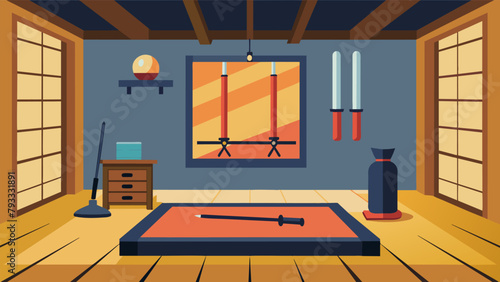 A spare room dedicated to martial arts training with a tatami mat wooden swords and other traditional training equipment adorning the walls.