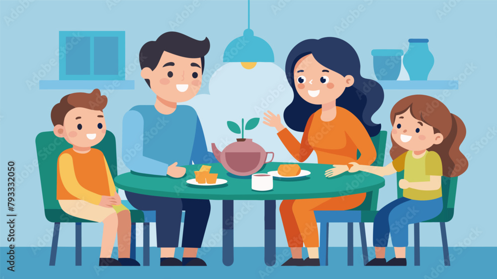 A family sits around a dinner table discussing their financial goals for the future including their childs first allowance and how it can A family sits around a dinner table discussing their financial goals for the future including their childs first allowance and how it can