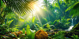 Jungle on a sunny day. Beautiful tropical rainforest illustration with exotic plants, palms, big leaves and flowing water. Bright sunbeams. Background with pristine nature landscape.