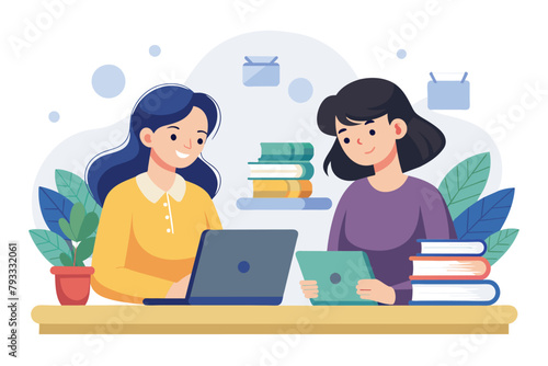 Two women sitting at a table, focused on a laptop screen in an online study session, two women are studying online, Simple and minimalist flat Vector Illustration