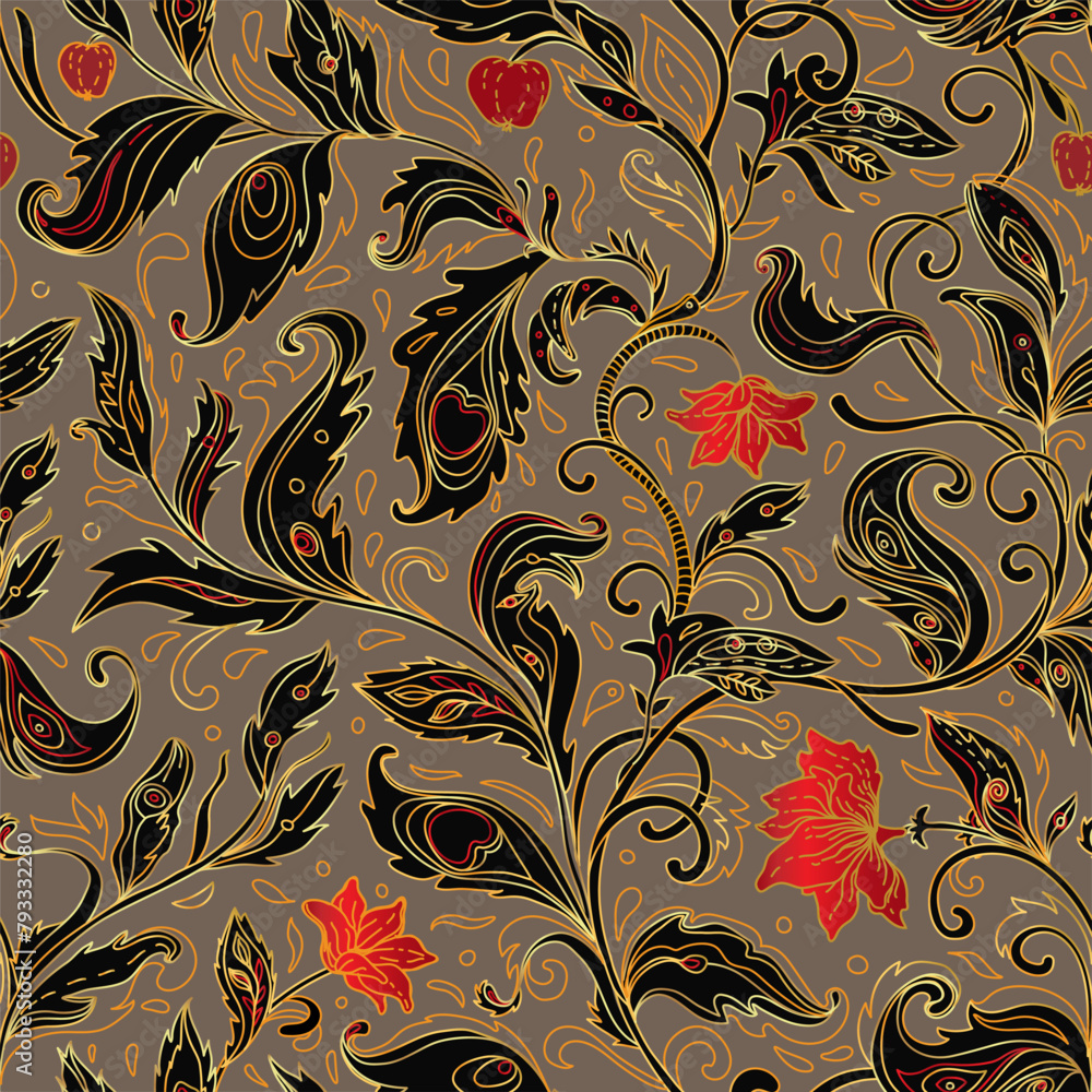 Seamless pattern with fantasy flowers, natural wallpaper, floral decoration curl illustration. Paisley print hand drawn elements. Home decor. Seamless pattern with fantasy flowers, natural wallpaper, floral decoration curl illustration. Paisley print hand drawn elements. Home decor.