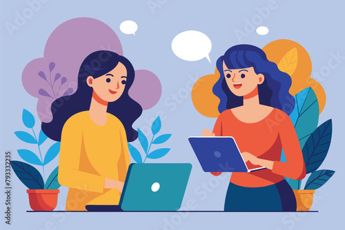 Two women standing side by side, engaged in conversation while using laptops, two women chatting using mobile phones and laptops, Simple and minimalist flat Vector Illustration