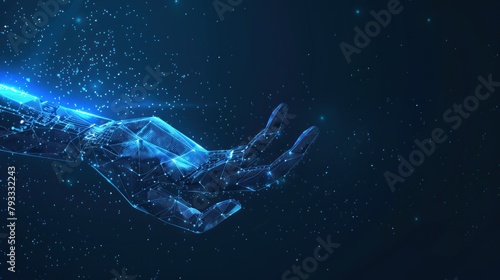 Robot arm and hand human. Touch Technological concept. Low poly blue. Generated AI
