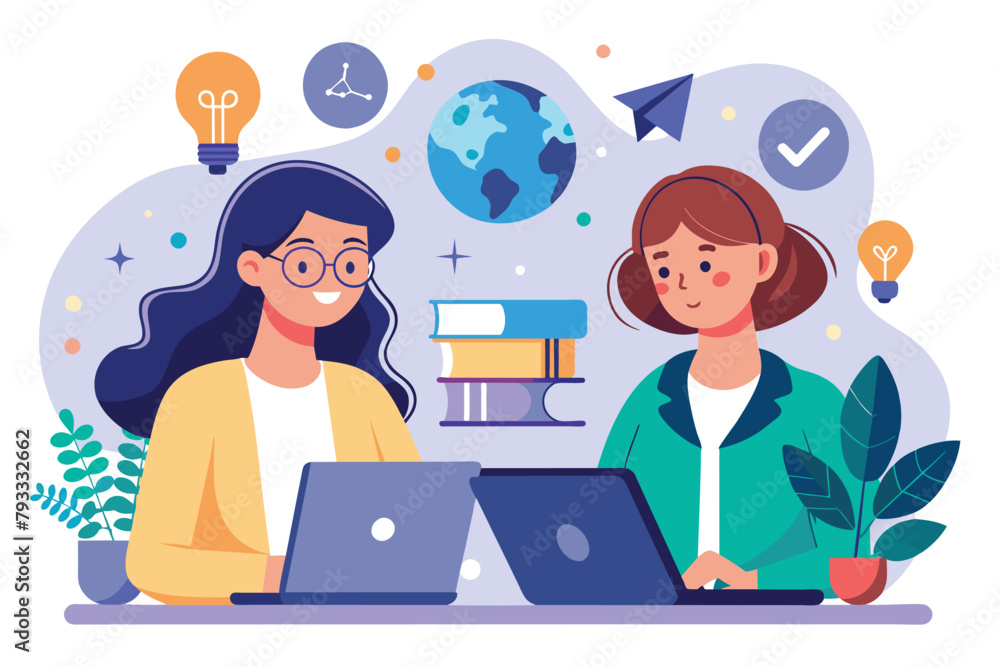 Two women sitting at a table, focused on their laptops while researching science topics together, two women search the web for science to learn, Simple and minimalist flat Vector Illustration Two women sitting at a table, focused on their laptops while researching science topics together, two women search the web for science to learn, Simple and minimalist flat Vector Illustration