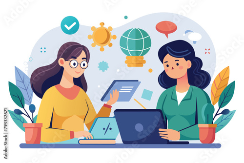 Two women sitting at a table, focused on working together on a laptop computer, two women search the web for science to learn, Simple and minimalist flat Vector Illustration © Iftikhar alam