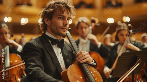 A focused cellist playing in an orchestra, surrounded by fellow musicians with instruments.