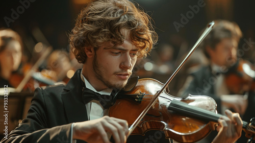 A focused musician plays the violin in an orchestra setting with warm lighting and fellow musicians in the background.