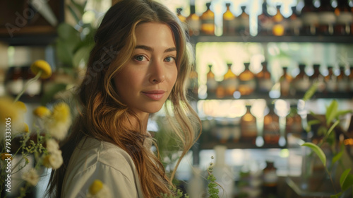 A woman in a herbal shop surrounded by natural remedies, exuding a serene vibe. photo