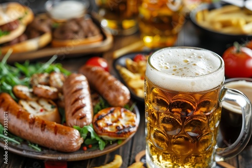Germany traditional food. Beer and sausages with football fan atributes. Euro 2024