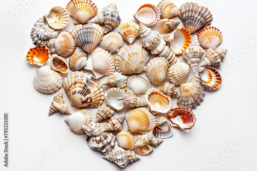 Vacation summer holiday travel tropical ocean sea background - Close up of heart, made of many seashells, isolated on white background