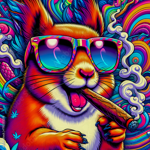 Digital art of a psychedelic cool squirrel smiling smoking a blunt