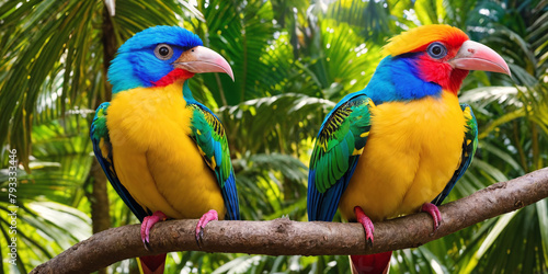 Two colorful tropical birds in jungle on a sunny day. Rainforest illustration with beautiful birdies among exotic plants with big leaves. Background with pristine nature landscape.