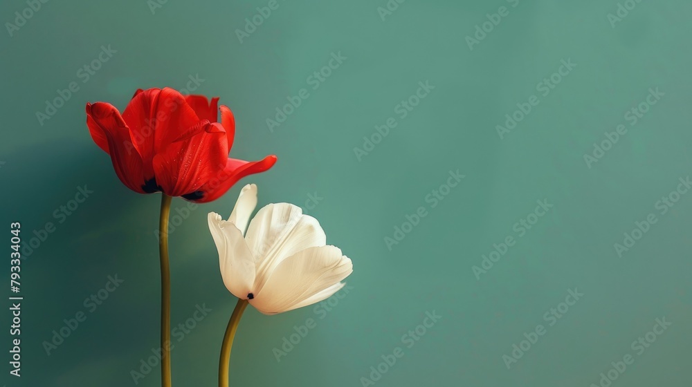 Two flowers against a green backdrop Two flowers against a green backdrop