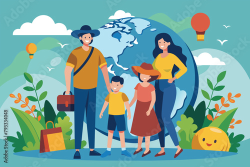 Family of Three Standing in Front of Globe, vacation with family around the world, Simple and minimalist flat Vector Illustration