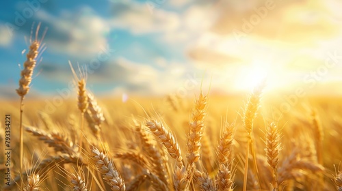 Wheat field. Ears of golden wheat close up. Beautiful Rural Scenery under Shining Sunlight and blue sky. Background of ripening ears of meadow wheat field