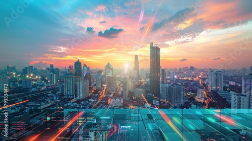 Rooftop with concrete terrace, Bangkok sunset skyline. Hi tech digital holograms to optimize business process by applying new technologies. Generated AI photo