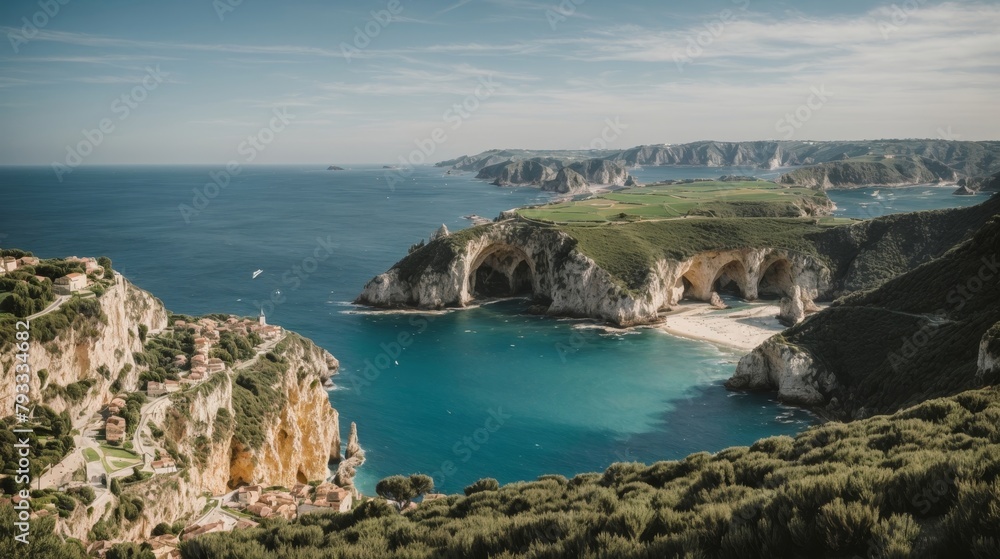 Coastal Landscape With Rugged Cliffs and Blue Water