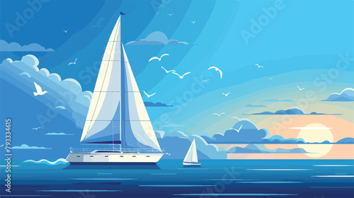 Beautiful Seascape with Yacht in Blue Sea. Vector flat