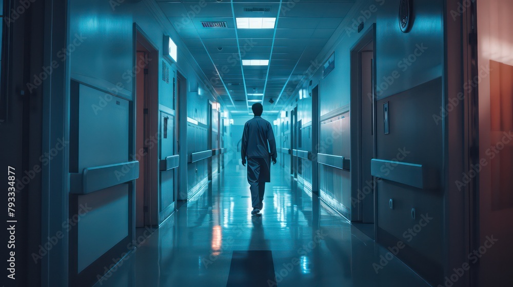 Doctor walking in a hallway of an hospital with no one at dawn