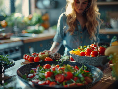 A nutritionist prepares a salad with fresh vegetables in a kitchen  with a focus on a colorful bowl.