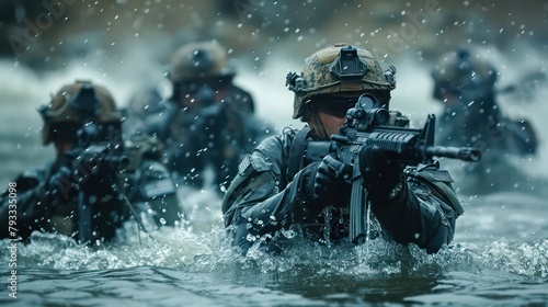 Military squad crossing the river under fire photo