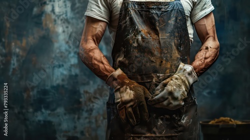 Man wearing a dirty apron and gloves. Suitable for industrial or messy work concepts