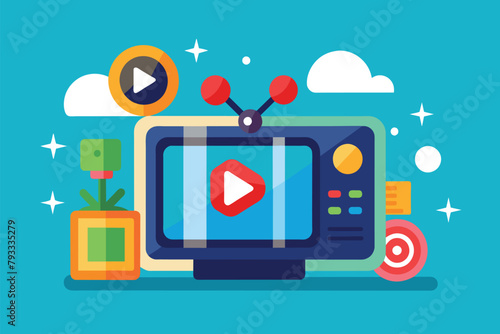 A flat screen TV displaying a prominent play button symbol on its screen, Video telecommunications, Simple and minimalist flat Vector Illustration