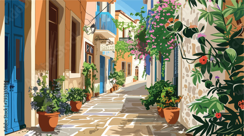 Beautiful street in Rethymno Crete Greece. Vector style photo
