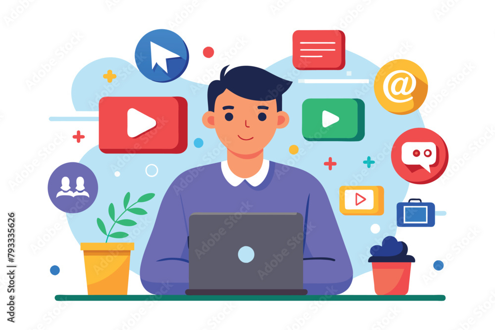 Man Working on Laptop Computer, Vlogger streaming with social media icons, Simple and minimalist flat Vector Illustration Man Working on Laptop Computer, Vlogger streaming with social media icons, Simple and minimalist flat Vector Illustration