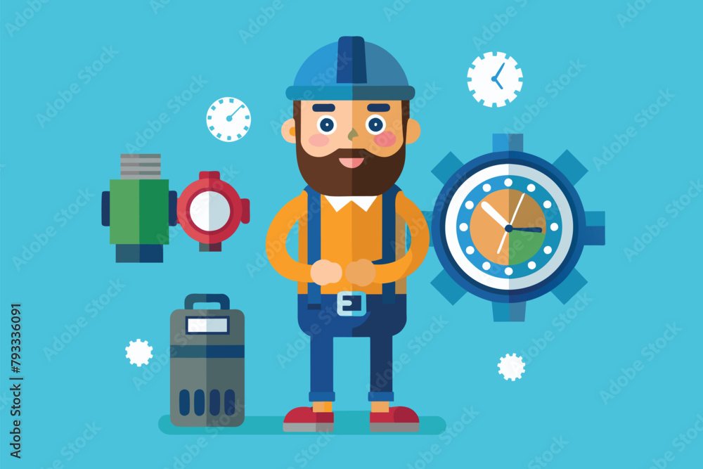 A man with a beard standing next to a clock in a simple and minimalist setting, Watch repairman, Simple and minimalist flat Vector Illustration A man with a beard standing next to a clock in a simple and minimalist setting, Watch repairman, Simple and minimalist flat Vector Illustration