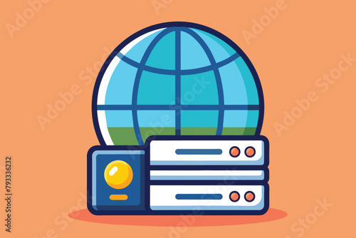 A globe resting on top of a pile of books, Web hosting icon and earth globe image, Simple and minimalist flat Vector Illustration