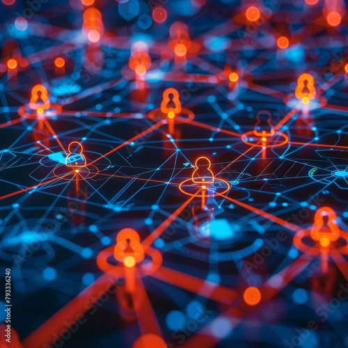 Close-up of a digital interface showing connections between user groups in a social network, vibrant lines, text space--ar 9:16
