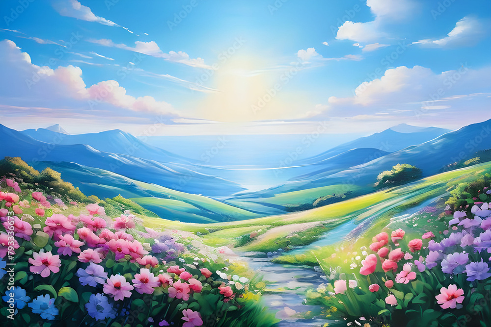 Fototapeta premium pastel colors tranquility nature blue sky Soft light color quiet sight stability flower garden mountain peak wavy sea Beach sunlight bower movables birdsong the sound of the wind cloud fine lines