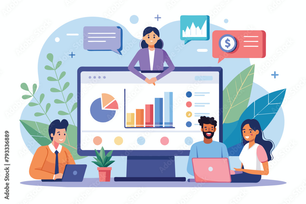 A diverse group of individuals seated around a computer screen, actively participating in a webinar presentation, Webinar presentation trending, Simple and minimalist flat Vector Illustration A diverse group of individuals seated around a computer screen, actively participating in a webinar presentation, Webinar presentation trending, Simple and minimalist flat Vector Illustration