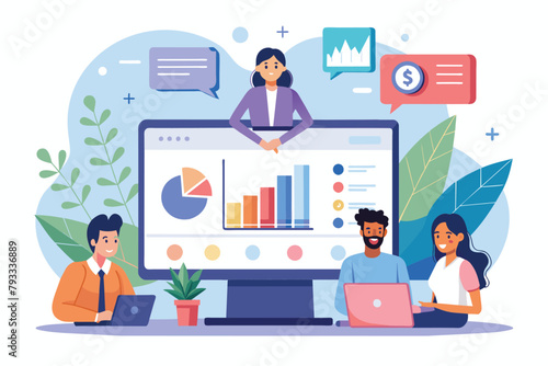 A diverse group of individuals seated around a computer screen, actively participating in a webinar presentation, Webinar presentation trending, Simple and minimalist flat Vector Illustration