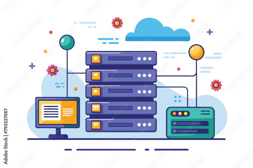 A stack of computers connected to a cloud computing system, symbolizing data storage and processing capabilities, website hosting data, Simple and minimalist flat Vector Illustration A stack of computers connected to a cloud computing system, symbolizing data storage and processing capabilities, website hosting data, Simple and minimalist flat Vector Illustration
