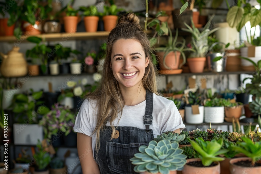 Smiling attractive female Small business owner in her plant shop. Smiling attractive female Small business owner in her plant shop.