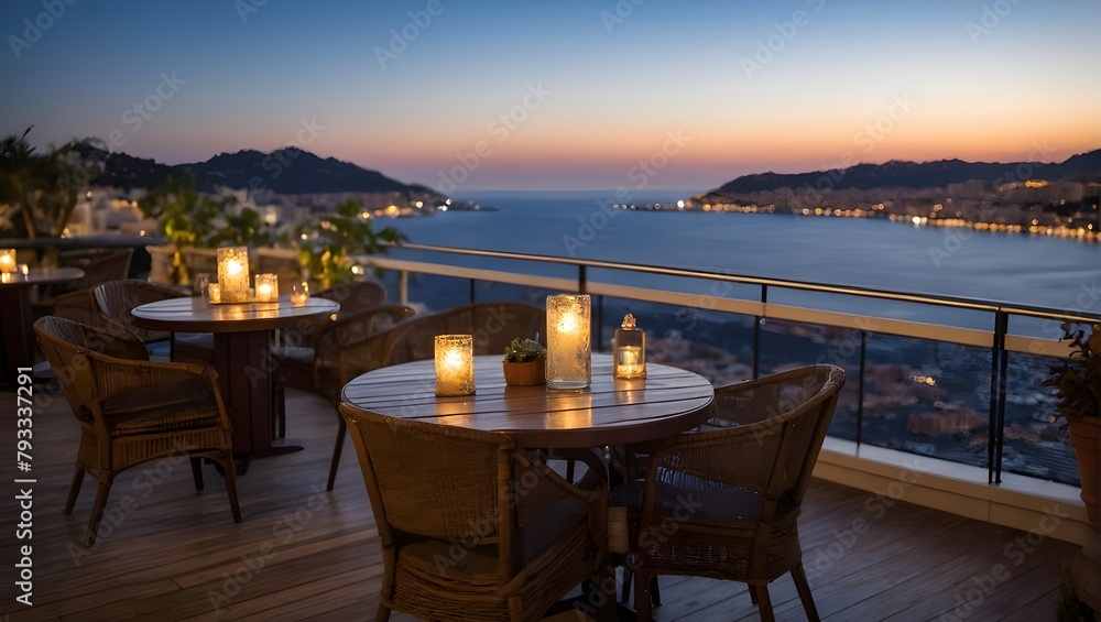 Landscape of outdoor luxury cafe table and chairs on rooftop in Monaco with sea view and beautiful evening sky. Ai Generative.