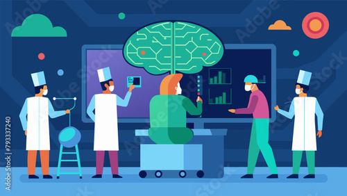 In one corner of the room a team of technicians oversee a complex braincomputer interface allowing the surgeon to control the tools with their mind..