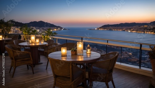 Landscape of outdoor luxury cafe table and chairs on rooftop in Monaco with sea view and beautiful evening sky. Ai Generative. © Rizky Rahmat Hidayat